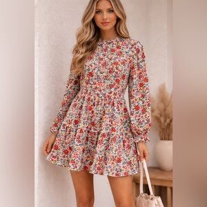 JODIFL Floral Tiered Mini Dress in Cream with Red, Blue & Green Floral Print